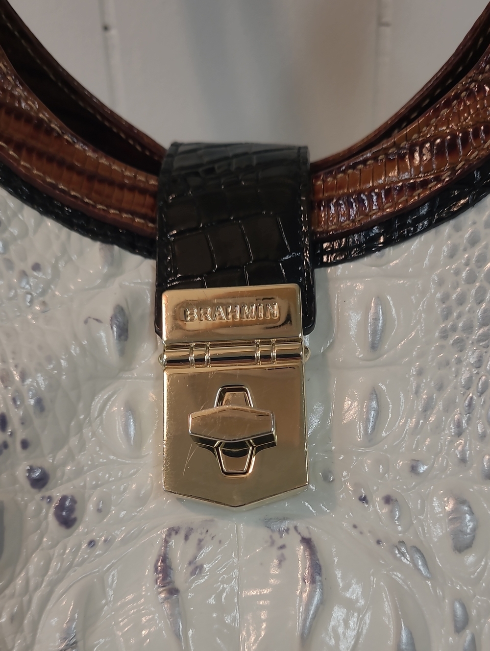 Brahmin White/Silver Croc-Embossed Hobo Satchel with Brown/Black/Gold Tone Trim - Picture 3 of 16